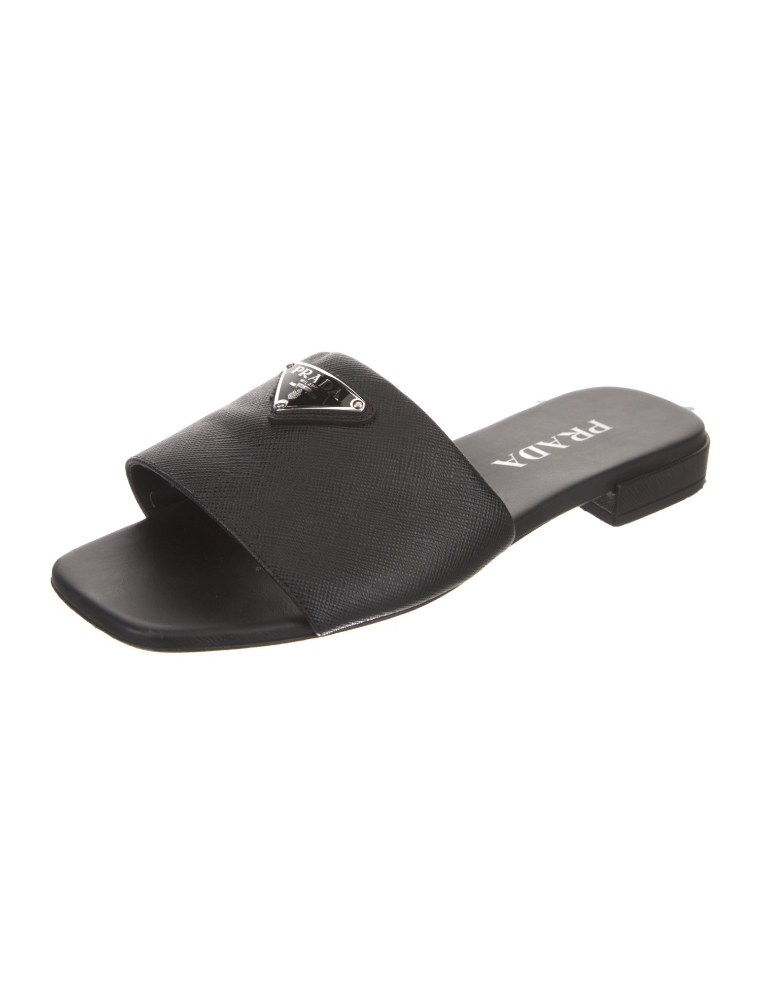 Prada Enameled Metal Triangle Saffiano Leather Slides
