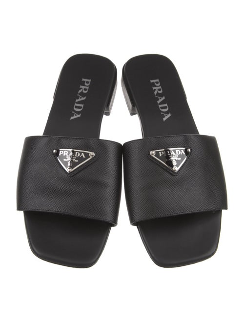 Prada Enameled Metal Triangle Saffiano Leather Slides
