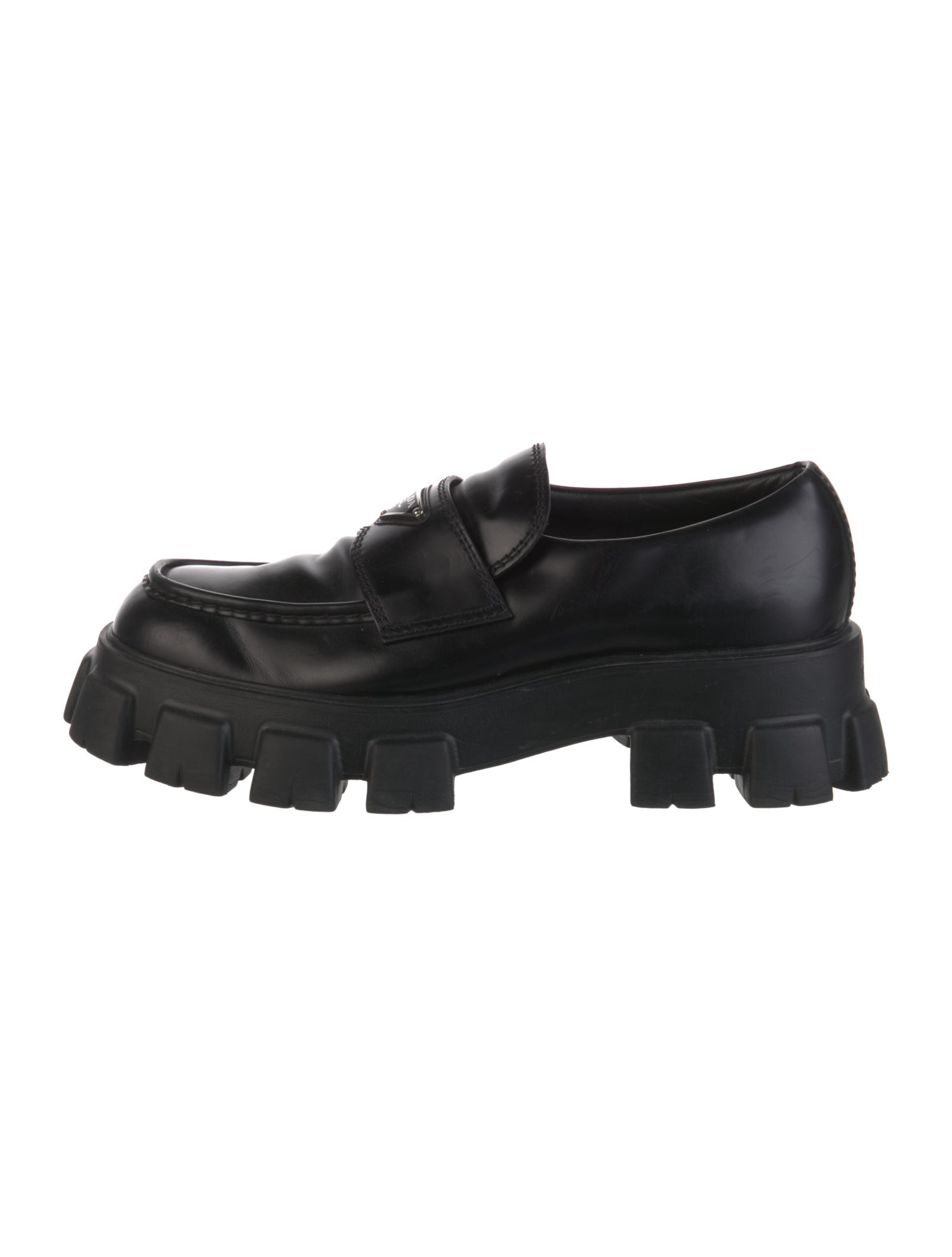 Prada Enameled Metal Triangle Leather Dress Loafers