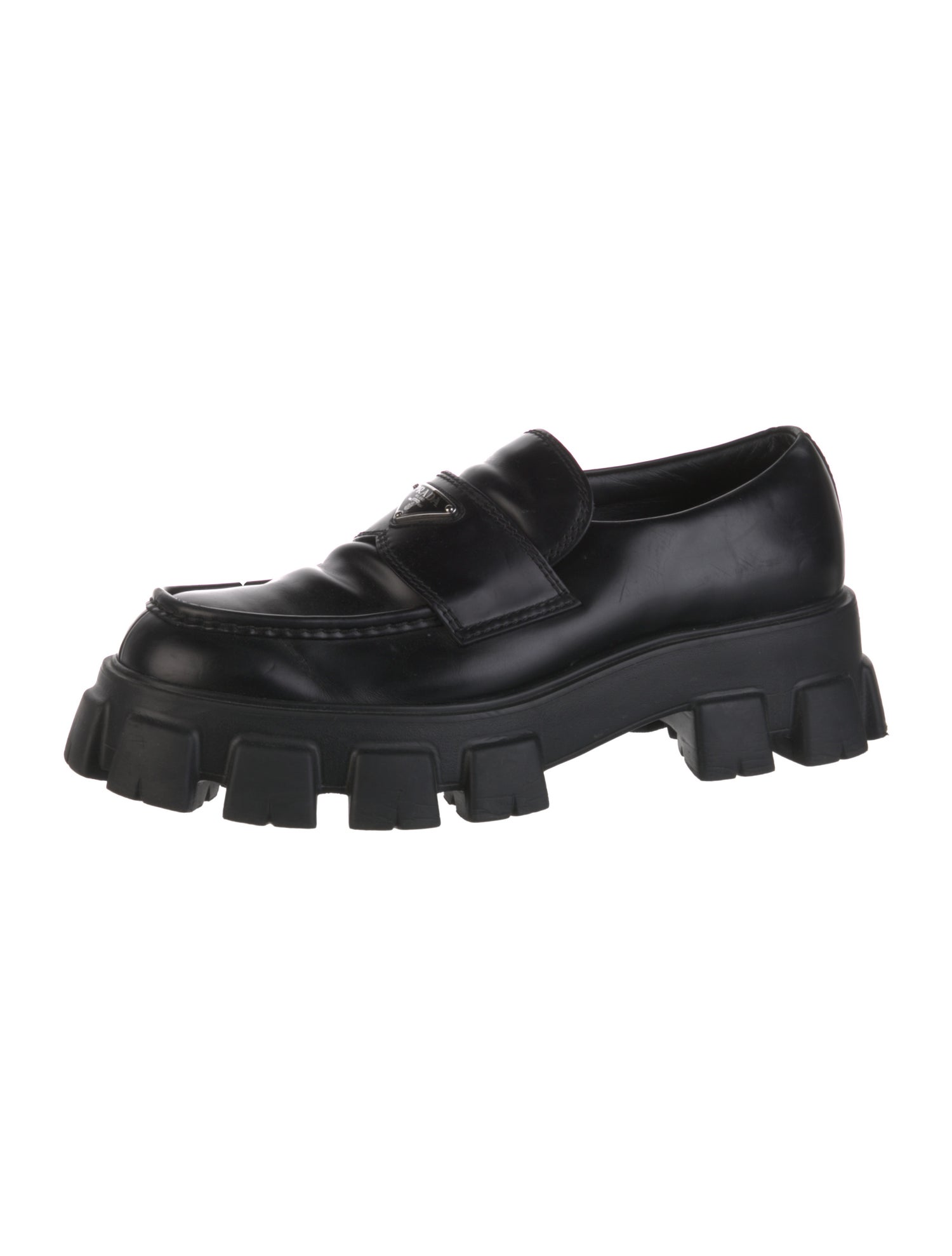 Prada Enameled Metal Triangle Leather Dress Loafers