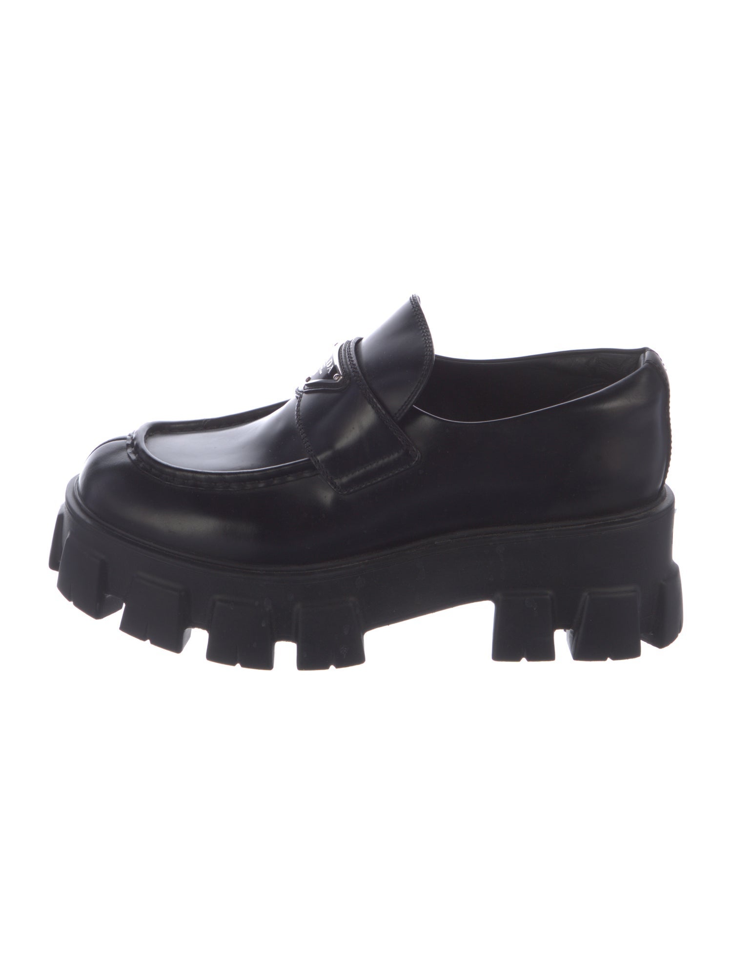 Prada Monolith Loafers Enameled Metal Triangle Oxfords