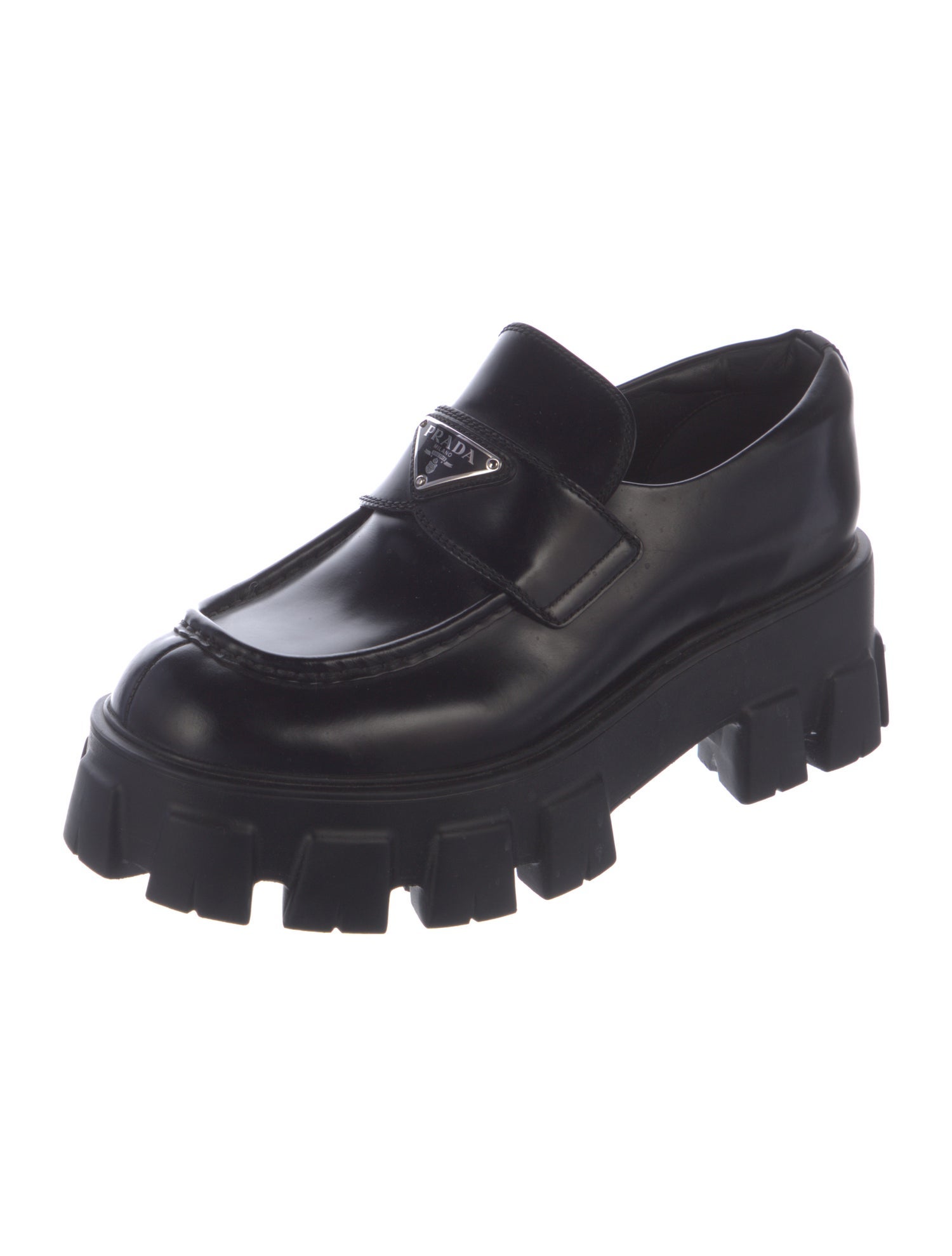 Prada Monolith Loafers Enameled Metal Triangle Oxfords
