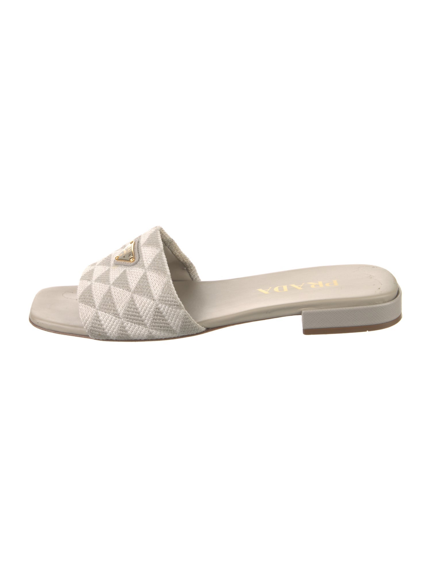 Prada Enameled Metal Triangle Printed Slides