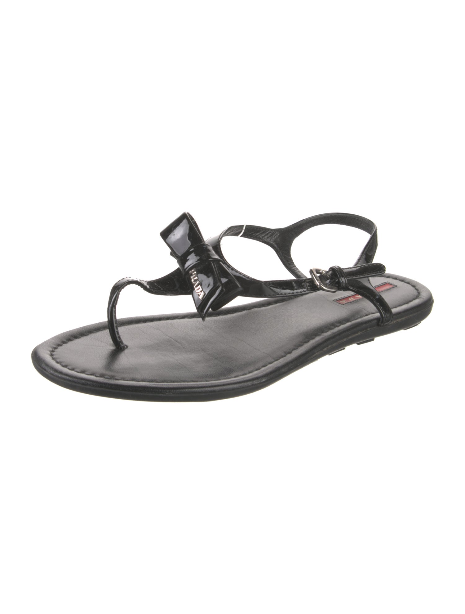 Prada Sport Patent Leather Bow Accents T-Strap Sandals
