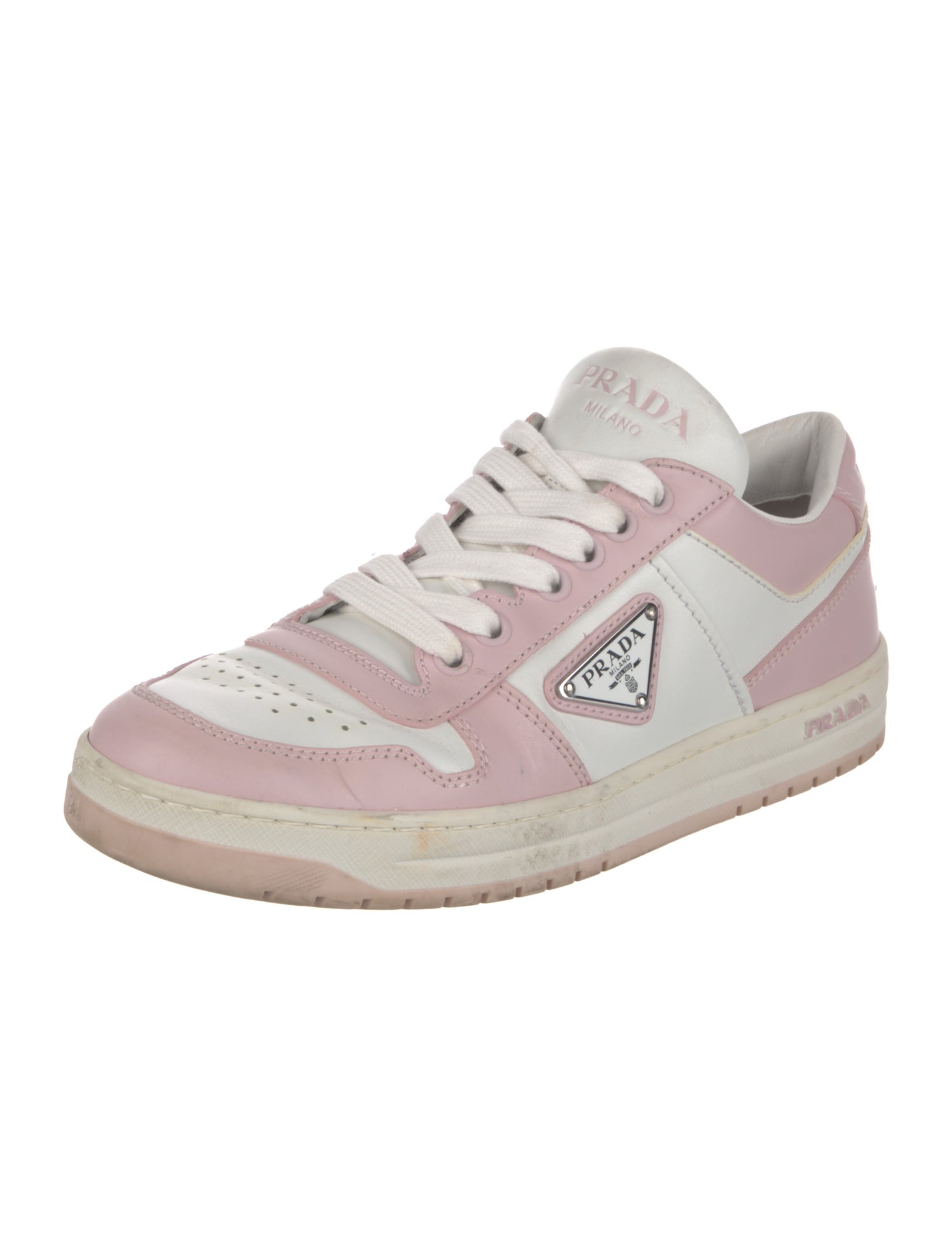 Prada Enameled Metal Triangle Leather Sneakers