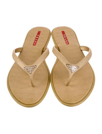 Prada Enameled Metal Triangle Canvas Flip Flops
