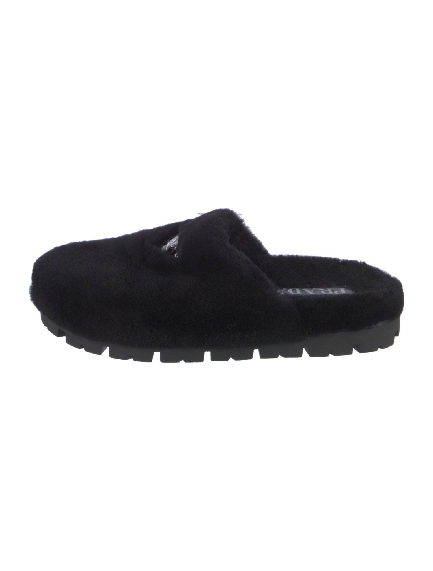 Prada Enameled Metal Triangle Shearling Slides