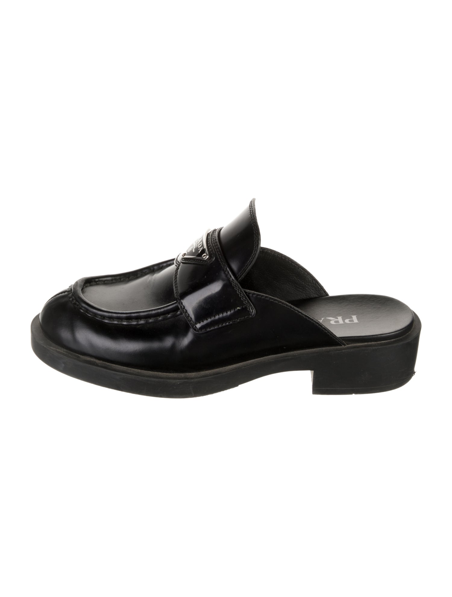 Prada Enameled Metal Triangle Leather Mules