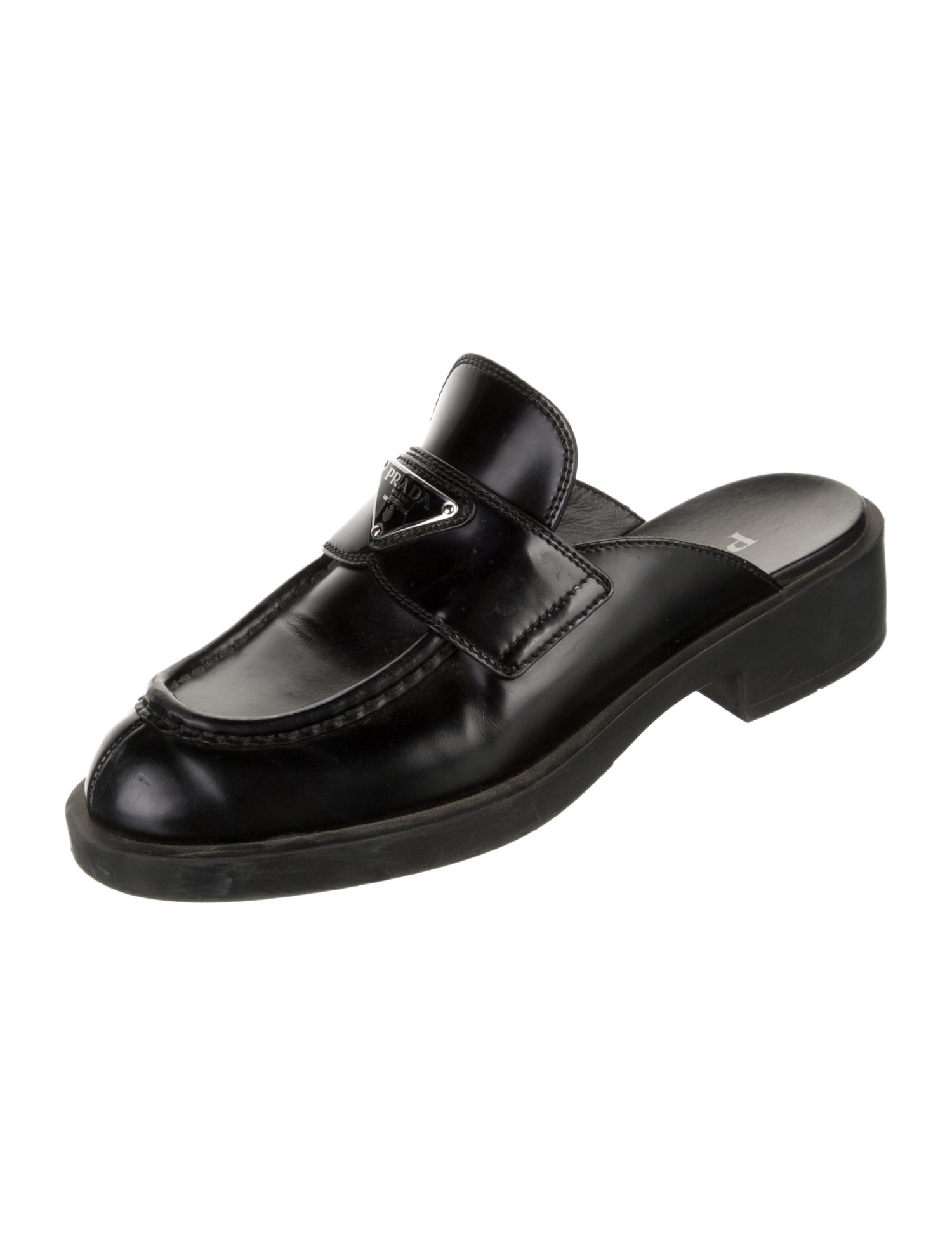 Prada Enameled Metal Triangle Leather Mules