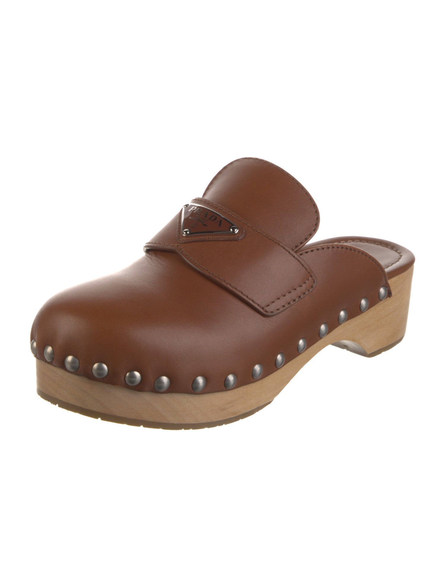 Prada Enameled Metal Triangle Leather Mules