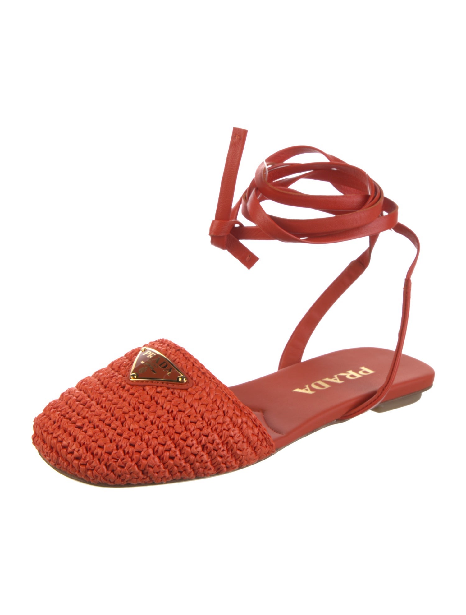Prada Enameled Metal Triangle Raffia Flats
