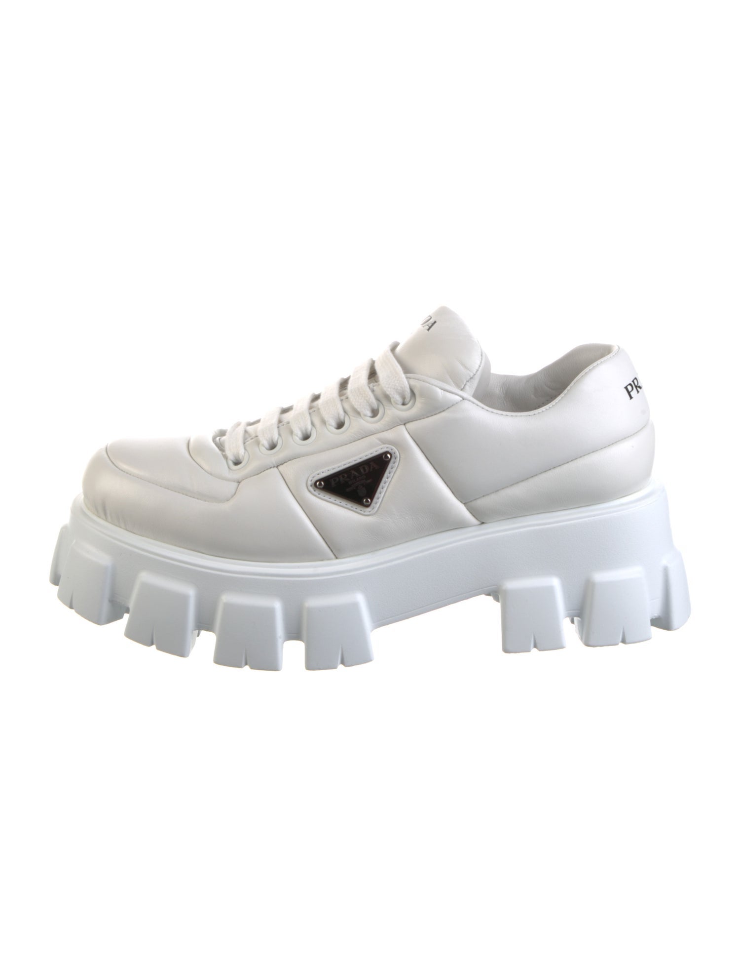 Prada Enameled Metal Triangle Leather Sneakers