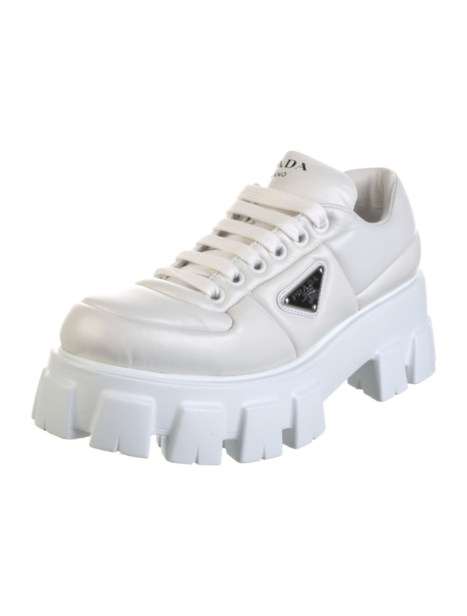 Prada Enameled Metal Triangle Leather Sneakers