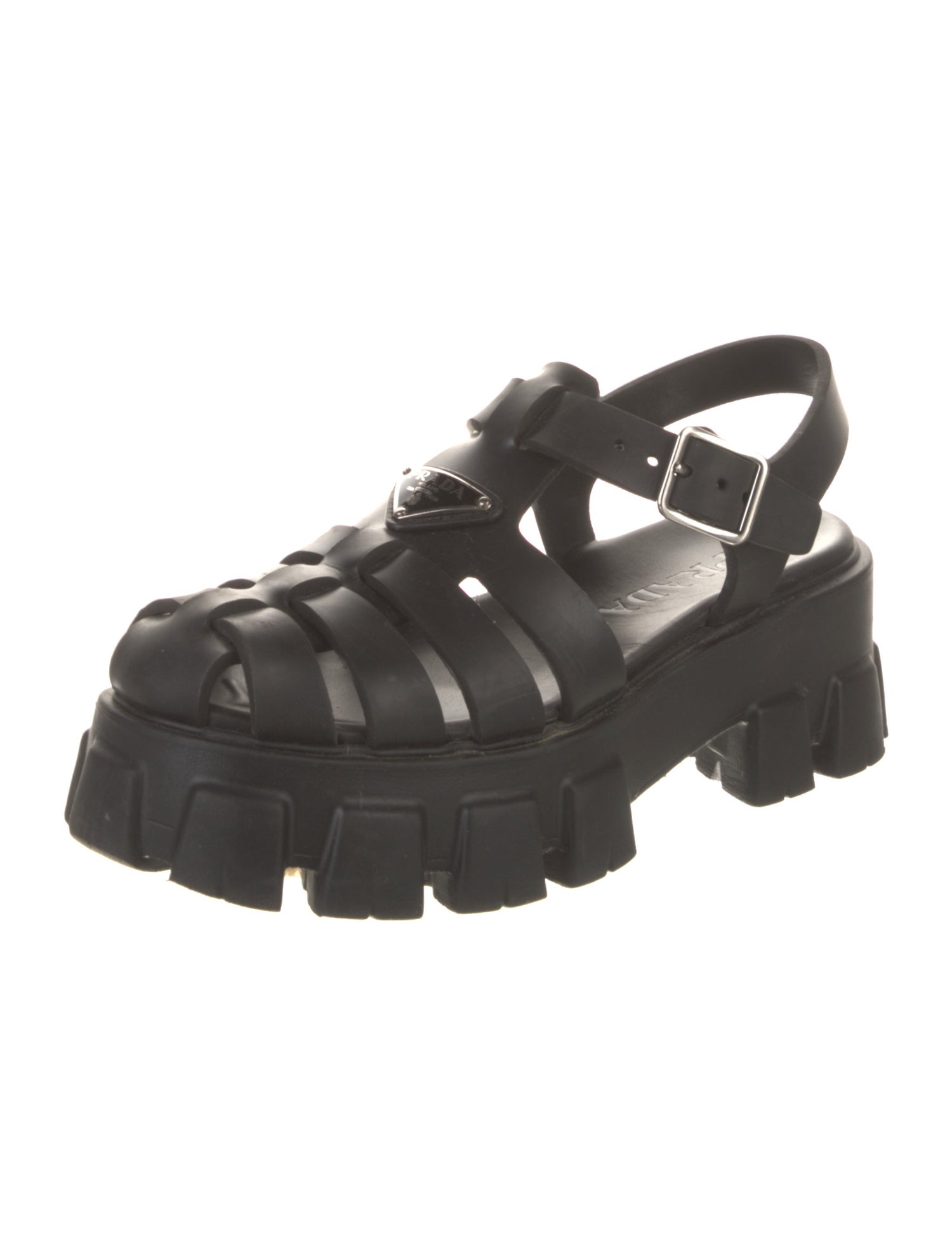 Prada Enameled Metal Triangle Rubber Gladiator Sandals