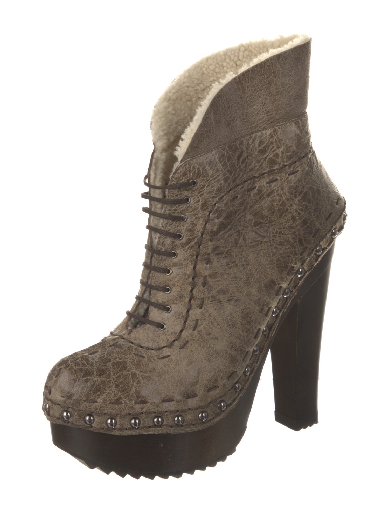 Prada Leather Fur Trim Lace-Up Boots
