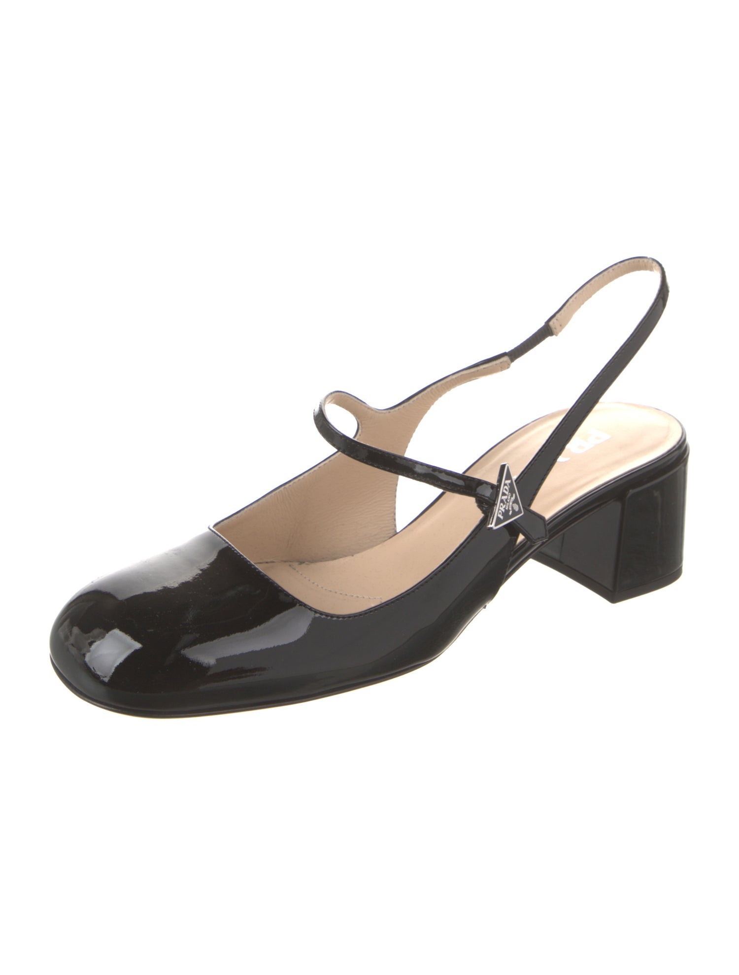 Prada Enameled Metal Triangle Patent Leather Slingback Pumps