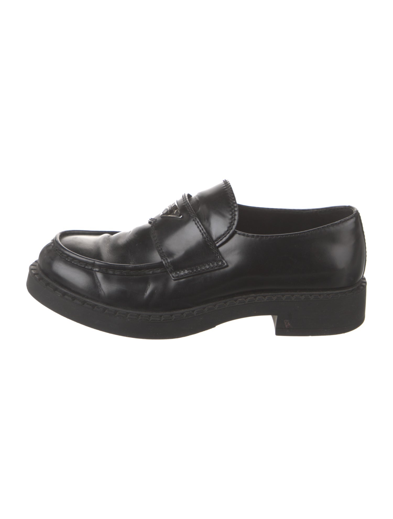 Prada Enameled Metal Triangle Patent Leather Dress Loafers