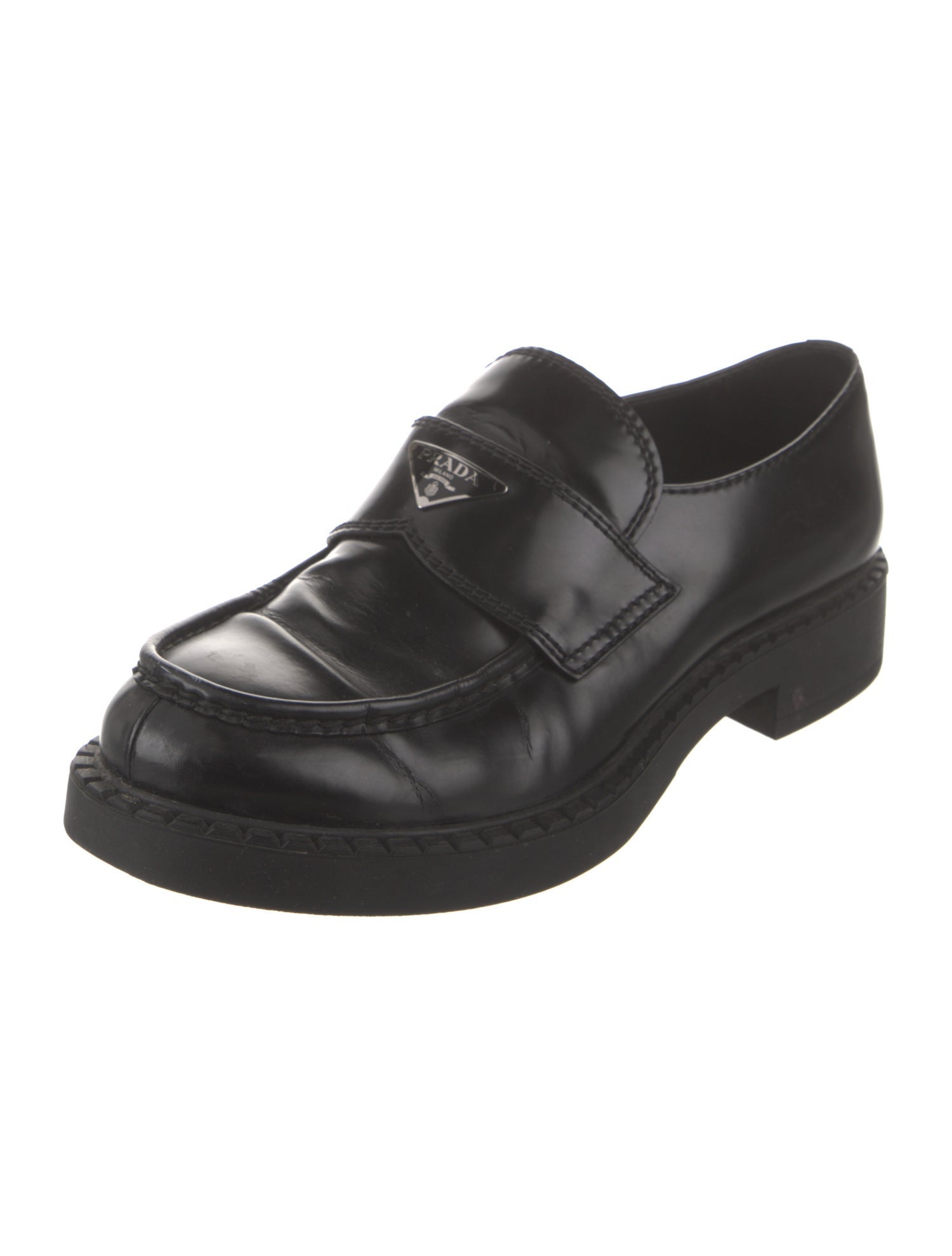 Prada Enameled Metal Triangle Patent Leather Dress Loafers