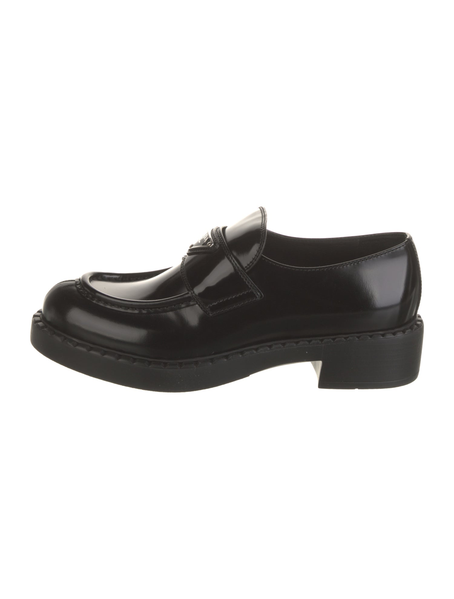 Prada Enameled Metal Triangle Patent Leather Oxfords
