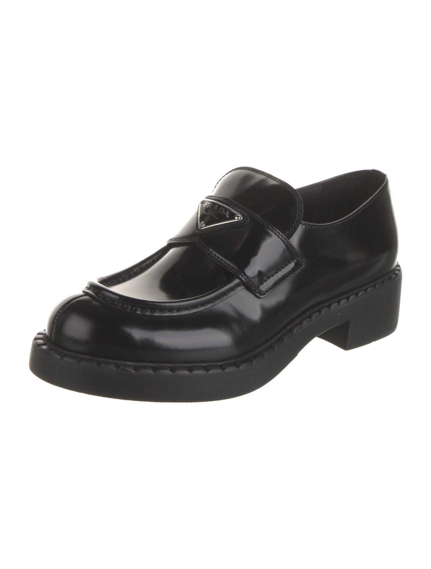 Prada Enameled Metal Triangle Patent Leather Oxfords