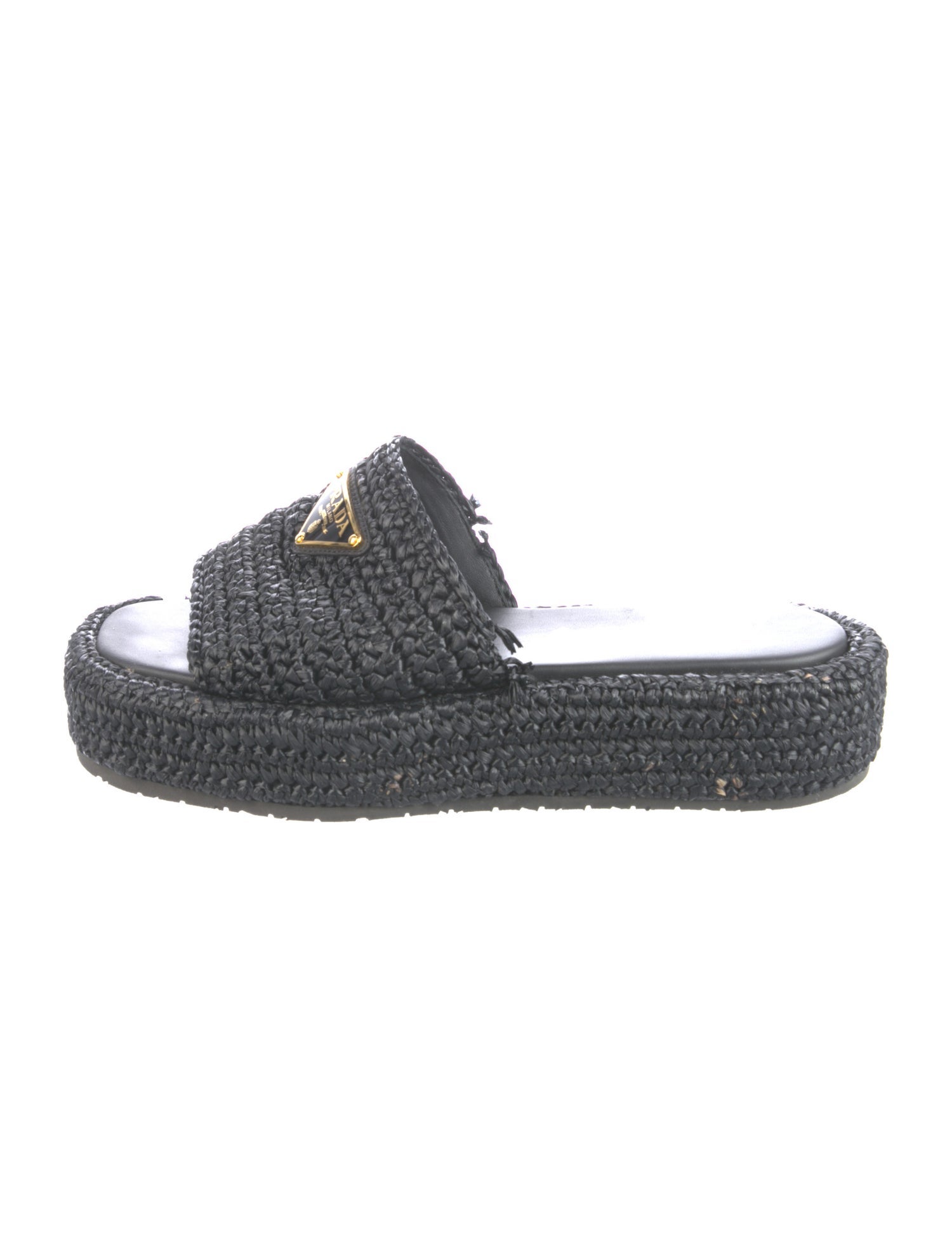 Prada Enameled Metal Triangle Raffia Espadrilles