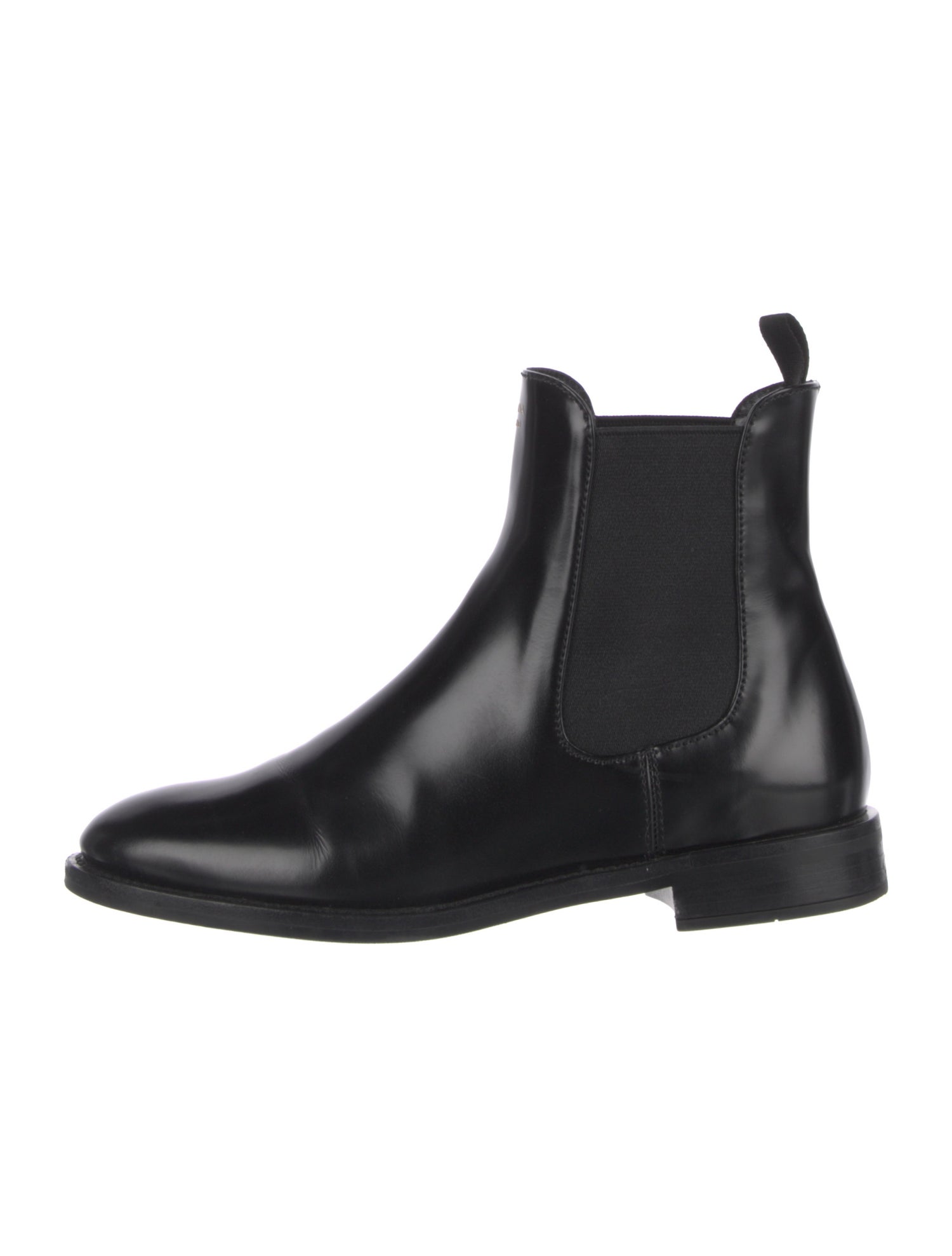 Prada Enameled Metal Triangle Leather Chelsea Boots
