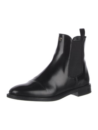 Prada Enameled Metal Triangle Leather Chelsea Boots