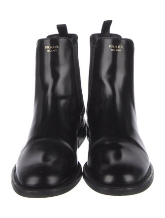 Prada Enameled Metal Triangle Leather Chelsea Boots