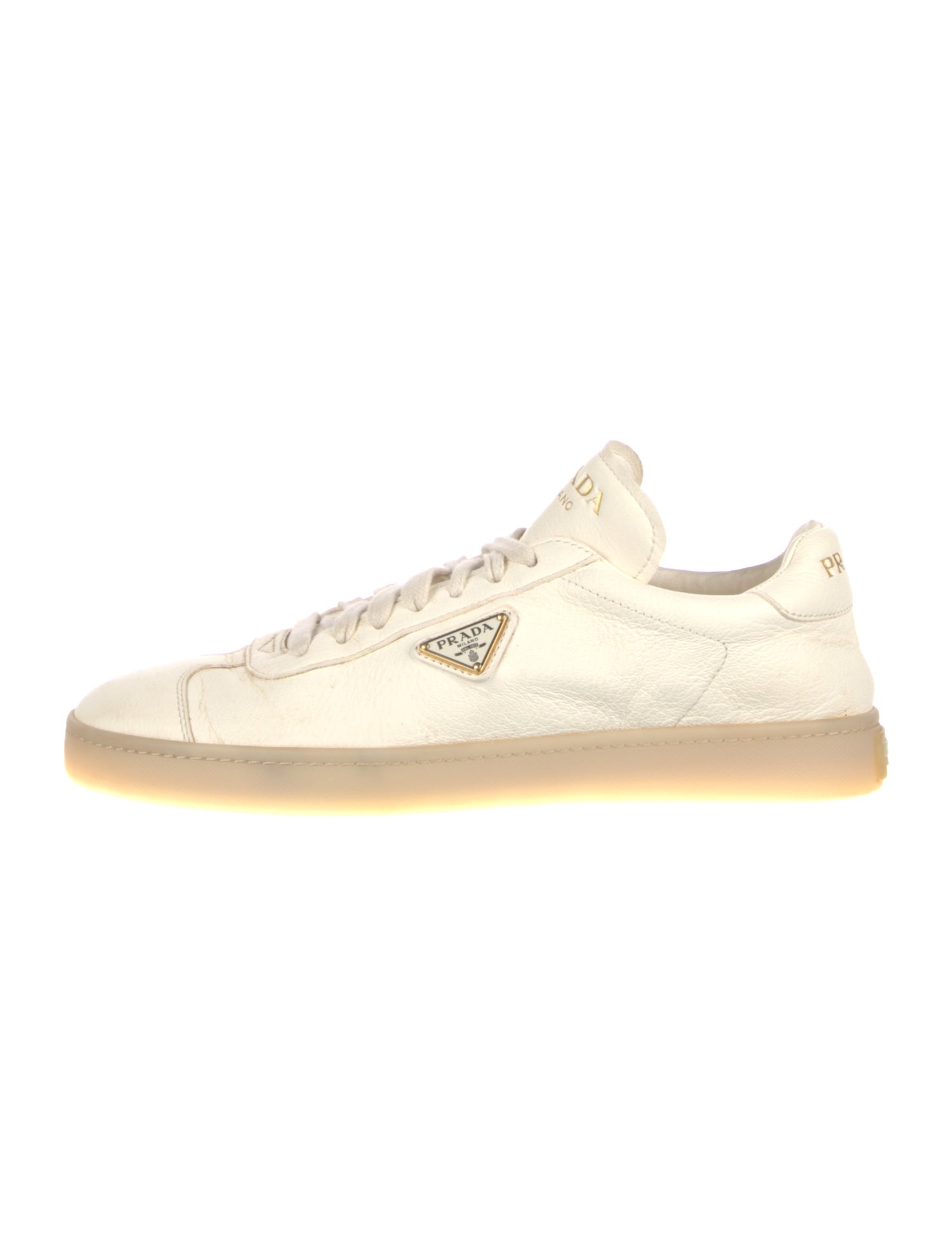 Prada Enameled Metal Triangle Leather Sneakers