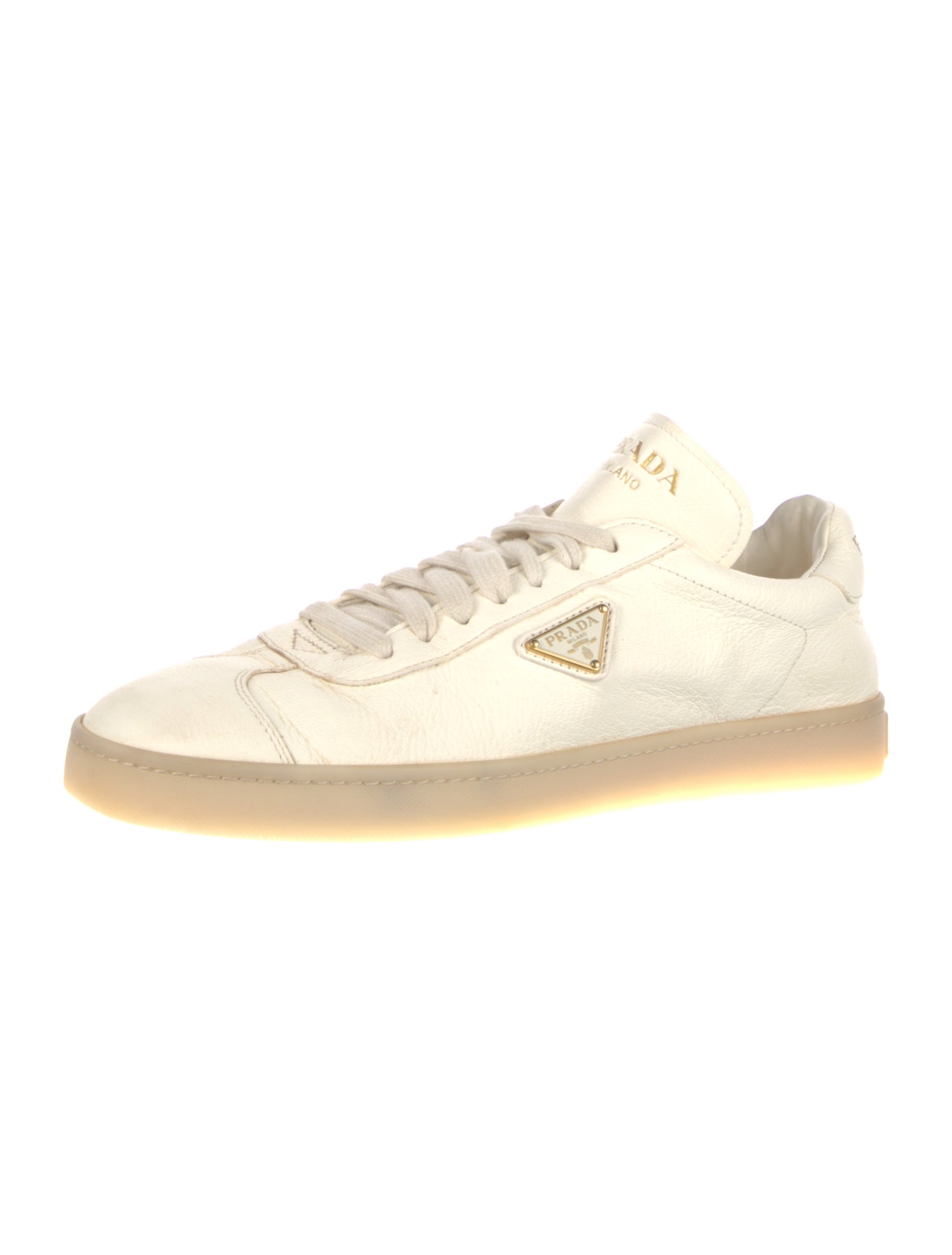 Prada Enameled Metal Triangle Leather Sneakers