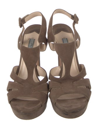 Prada Suede Leather Trim Embellishment T-Strap Sandals