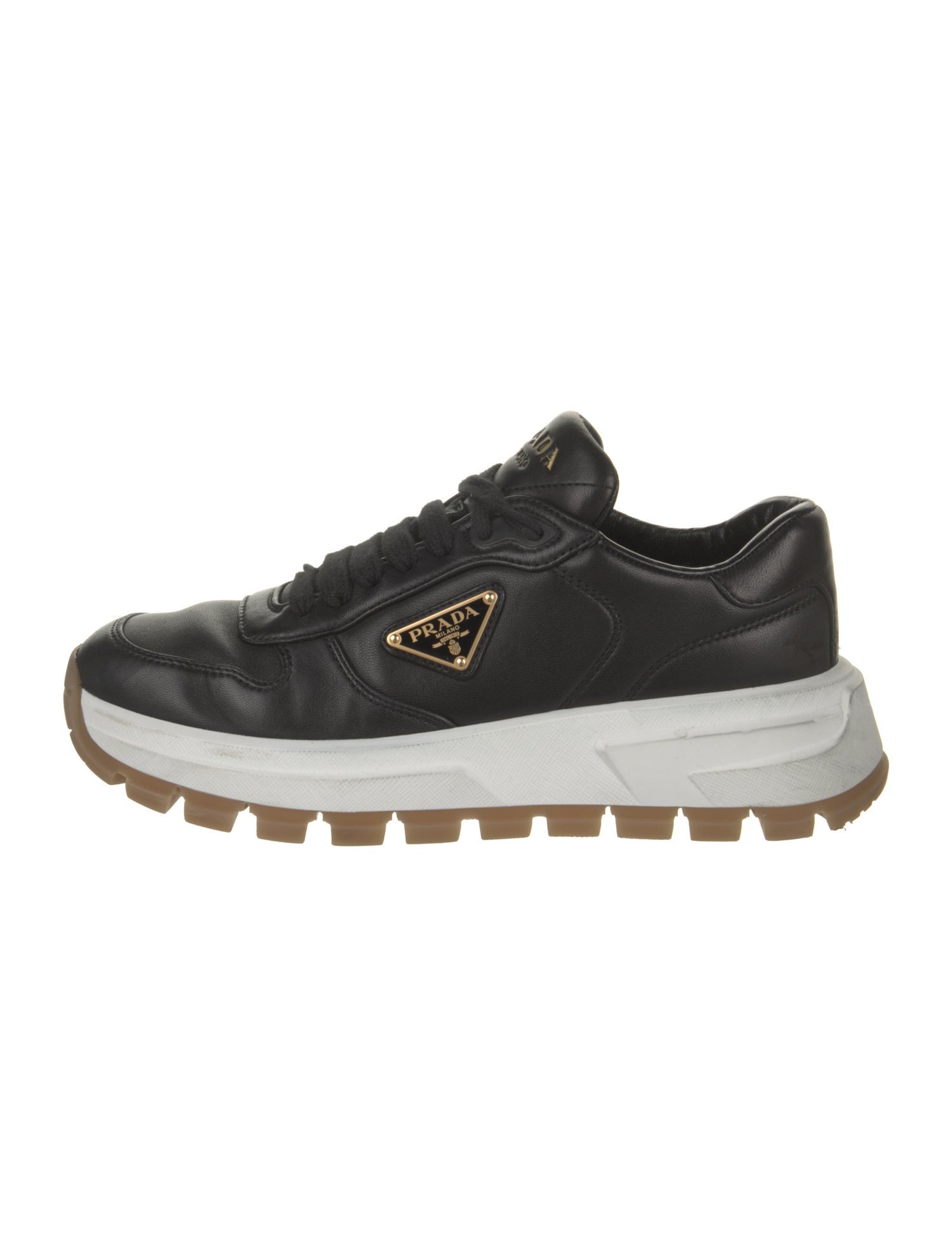 Prada Enameled Metal Triangle Leather Sneakers