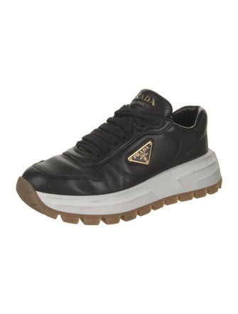 Prada Enameled Metal Triangle Leather Sneakers