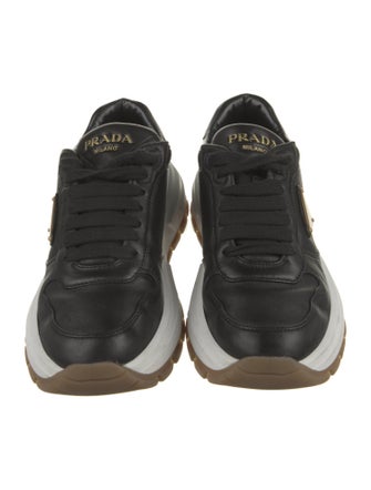 Prada Enameled Metal Triangle Leather Sneakers