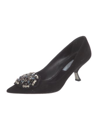 Prada Suede Crystal Embellishments Pumps