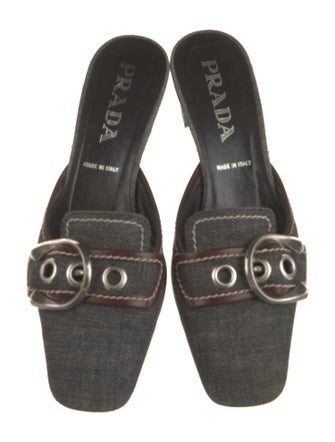 Prada Denim Leather Trim Embellishment Mules