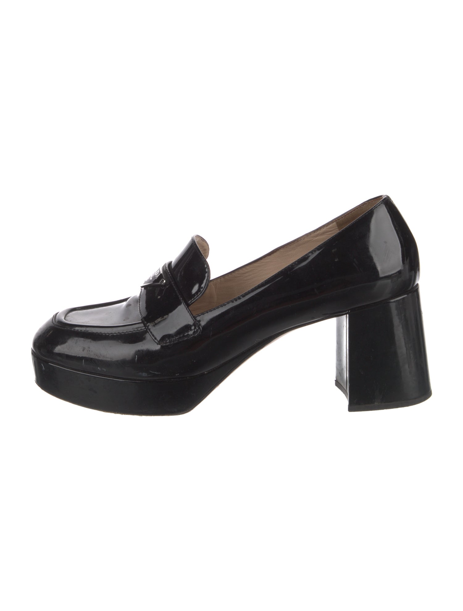 Prada Enameled Metal Triangle Patent Leather Pumps