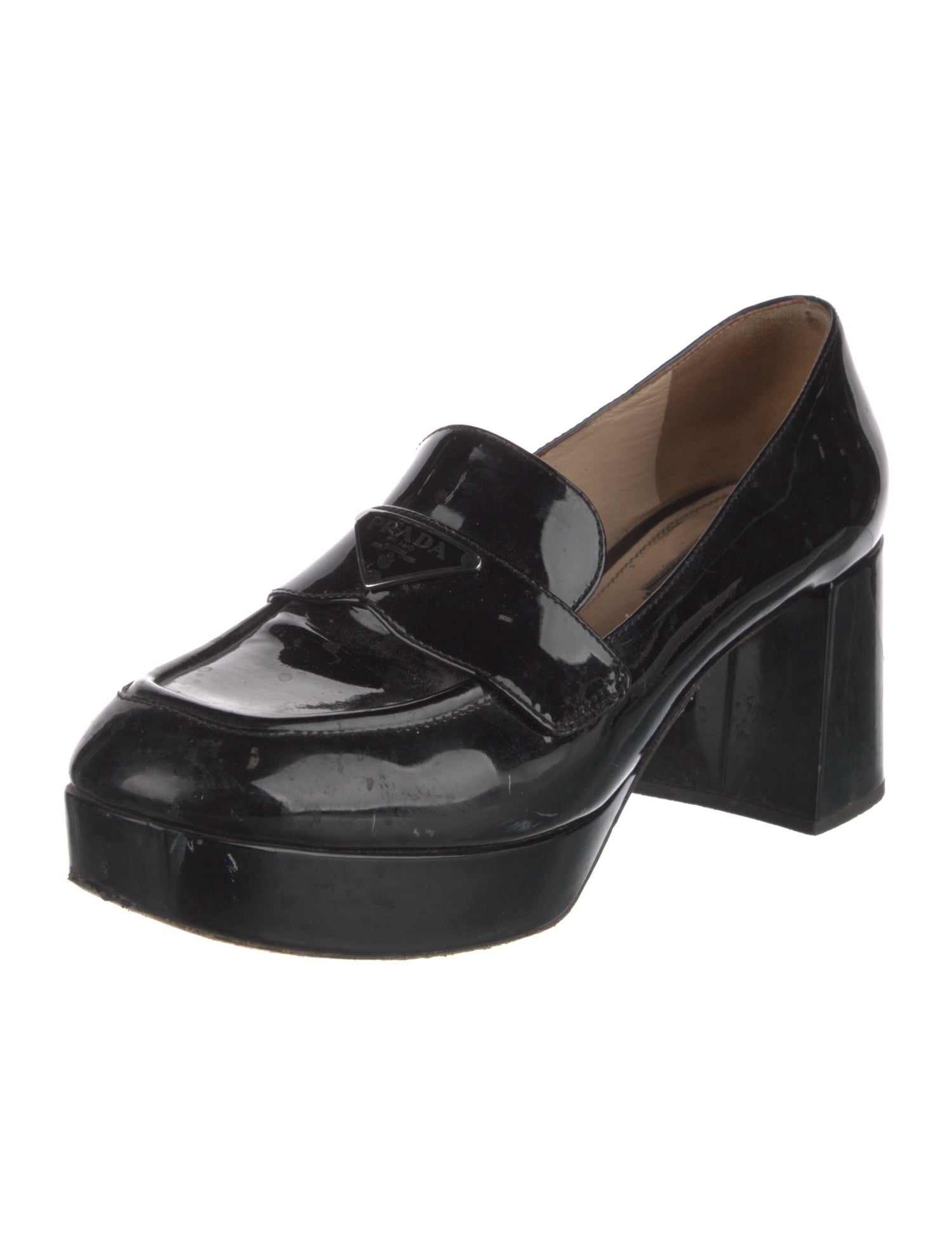 Prada Enameled Metal Triangle Patent Leather Pumps