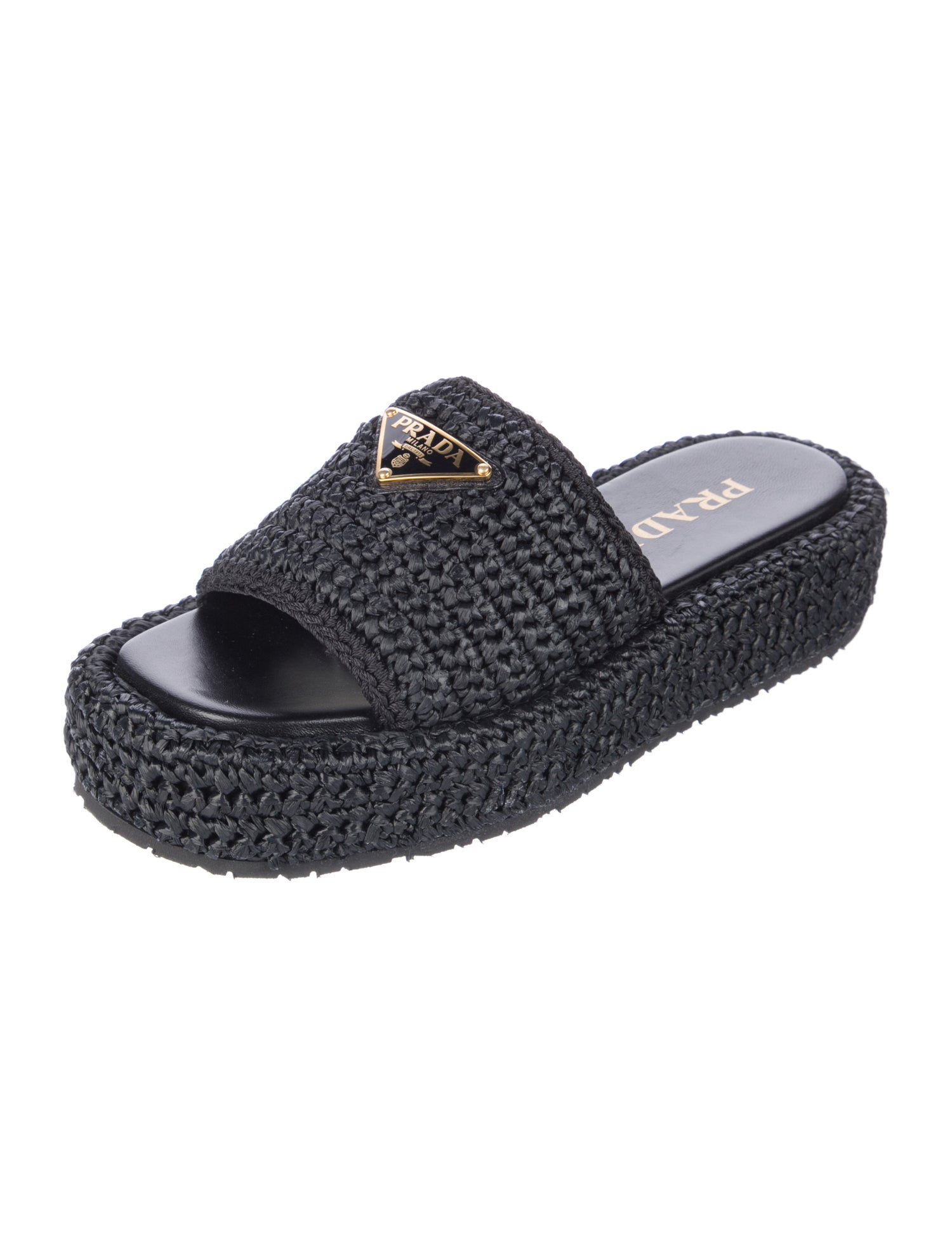 Prada Enameled Metal Triangle Raffia Espadrilles