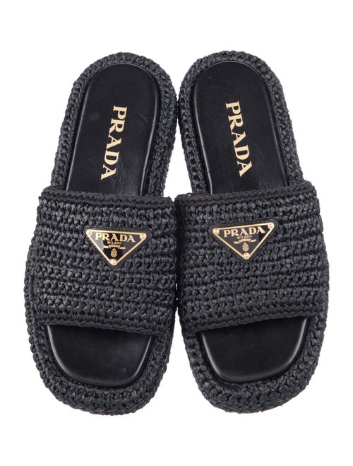 Prada Enameled Metal Triangle Raffia Espadrilles