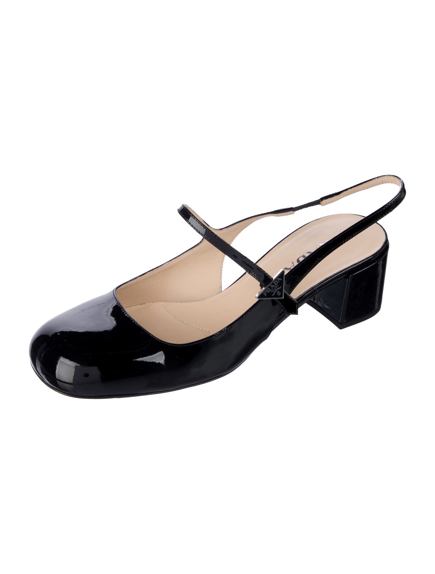 Prada Enameled Metal Triangle Patent Leather Slingback Pumps