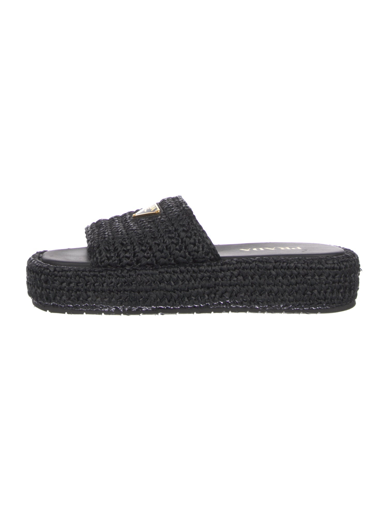 Prada Enameled Metal Triangle Raffia Espadrilles