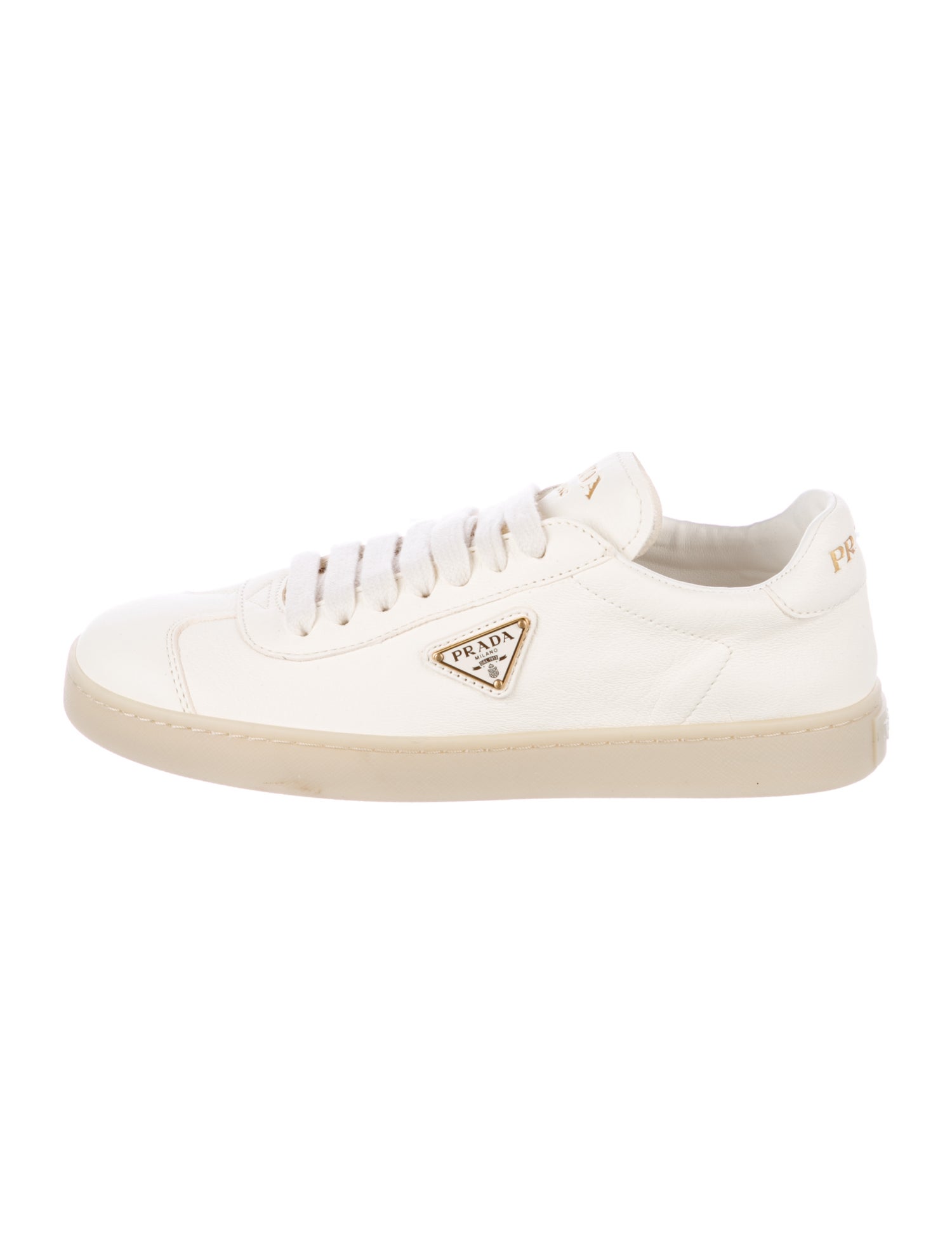 Prada Enameled Metal Triangle Leather Sneakers