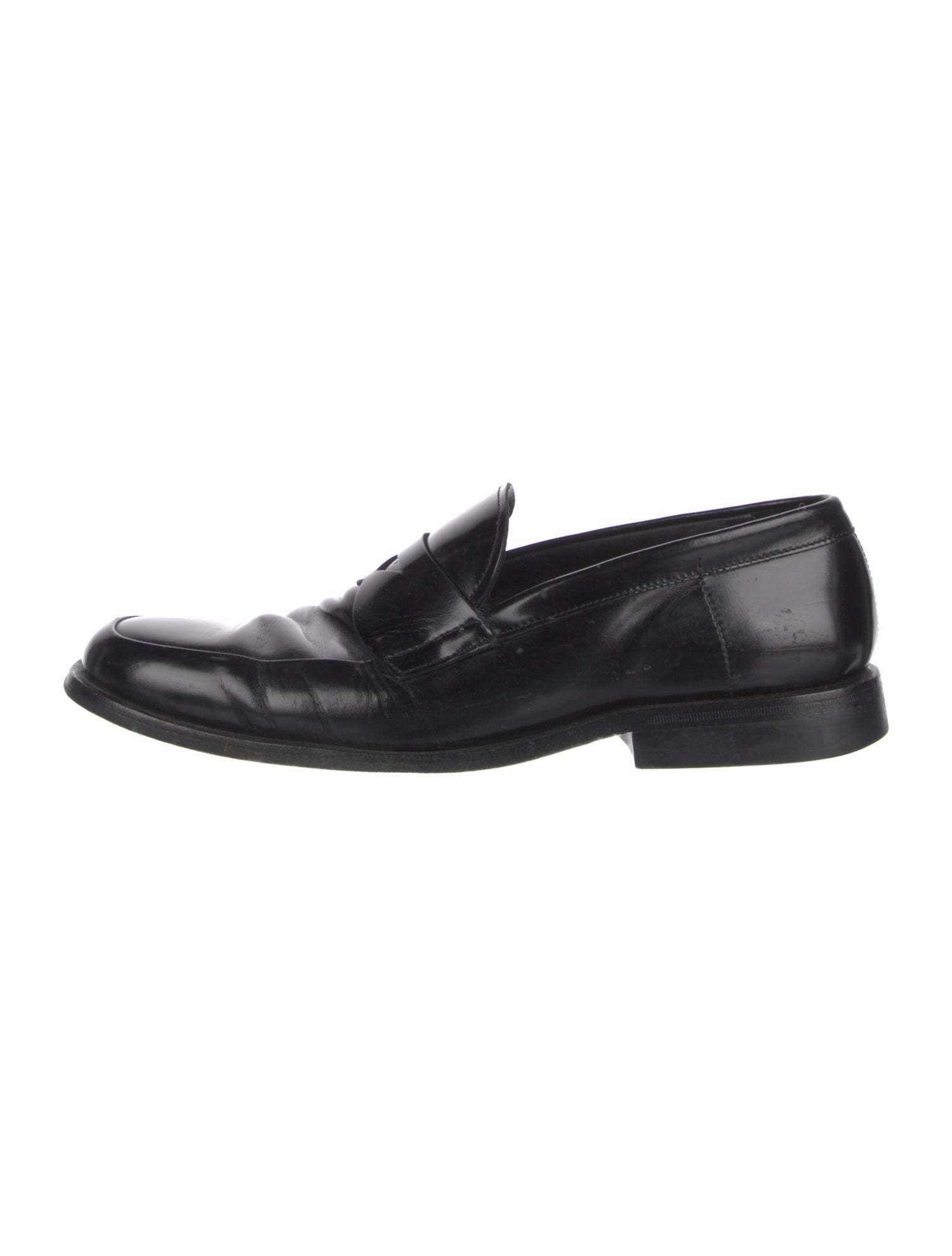 Prada Enameled Metal Triangle Leather Dress Loafers