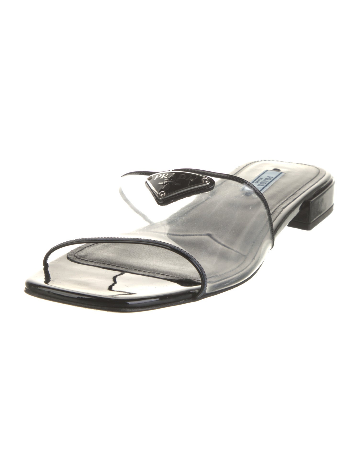 Prada Enameled Metal Triangle Patent Leather Slides
