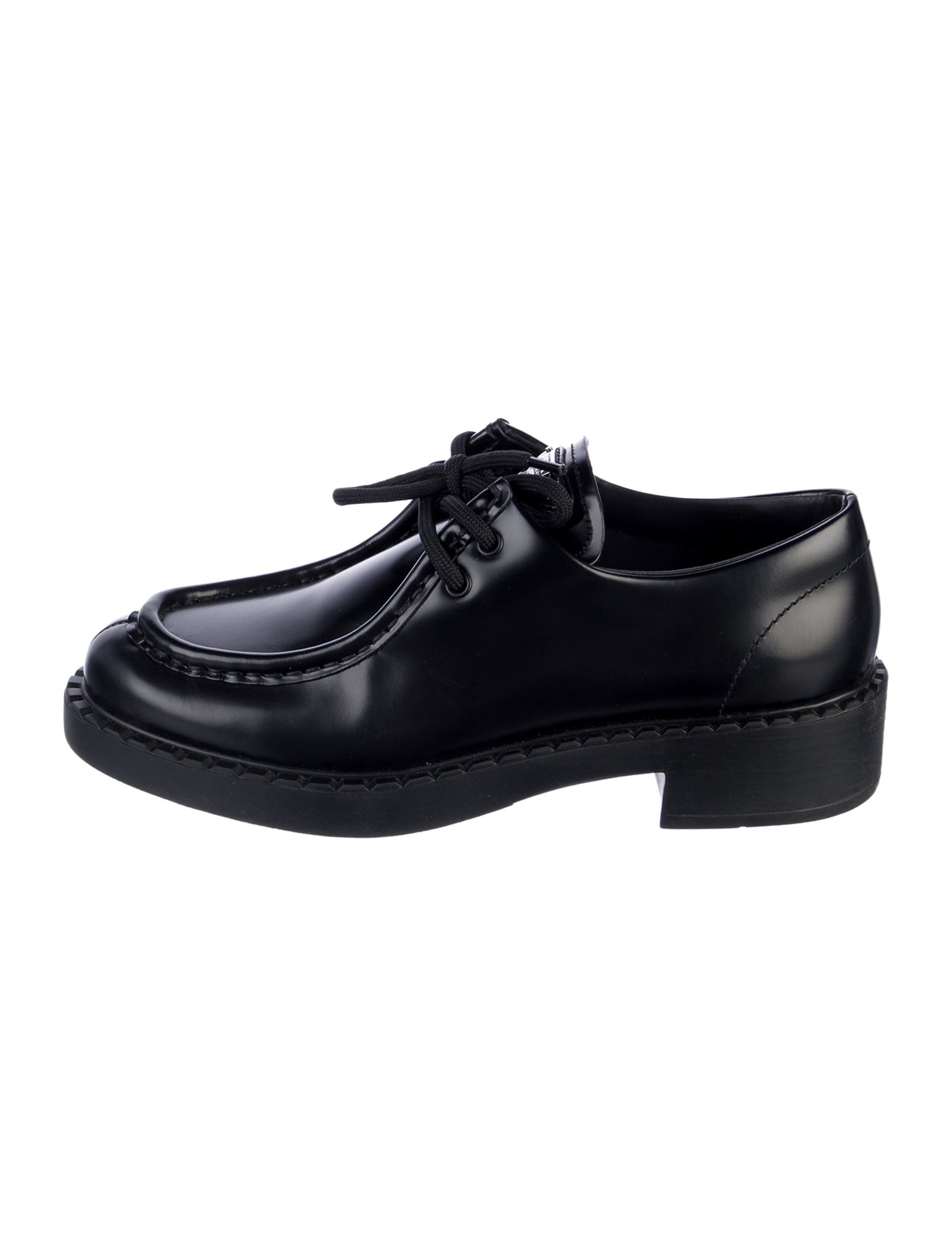 Prada Enameled Metal Triangle Leather Oxfords