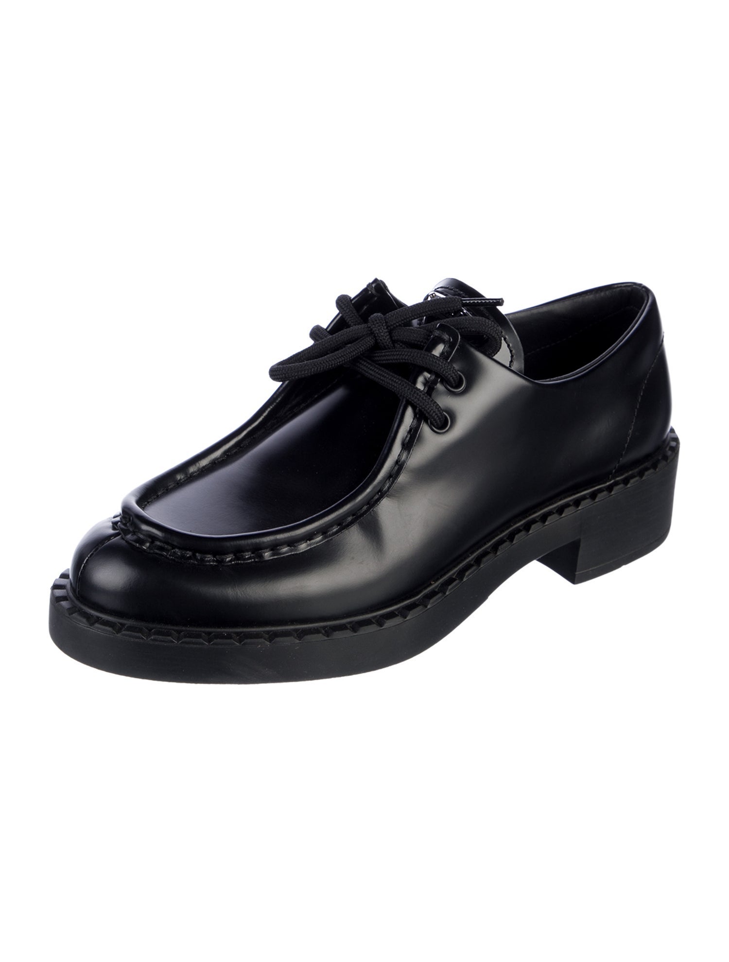Prada Enameled Metal Triangle Leather Oxfords