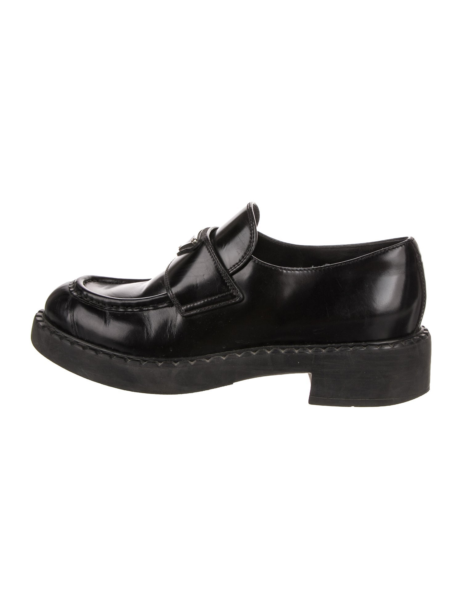 Prada Enameled Metal Triangle Leather Oxfords