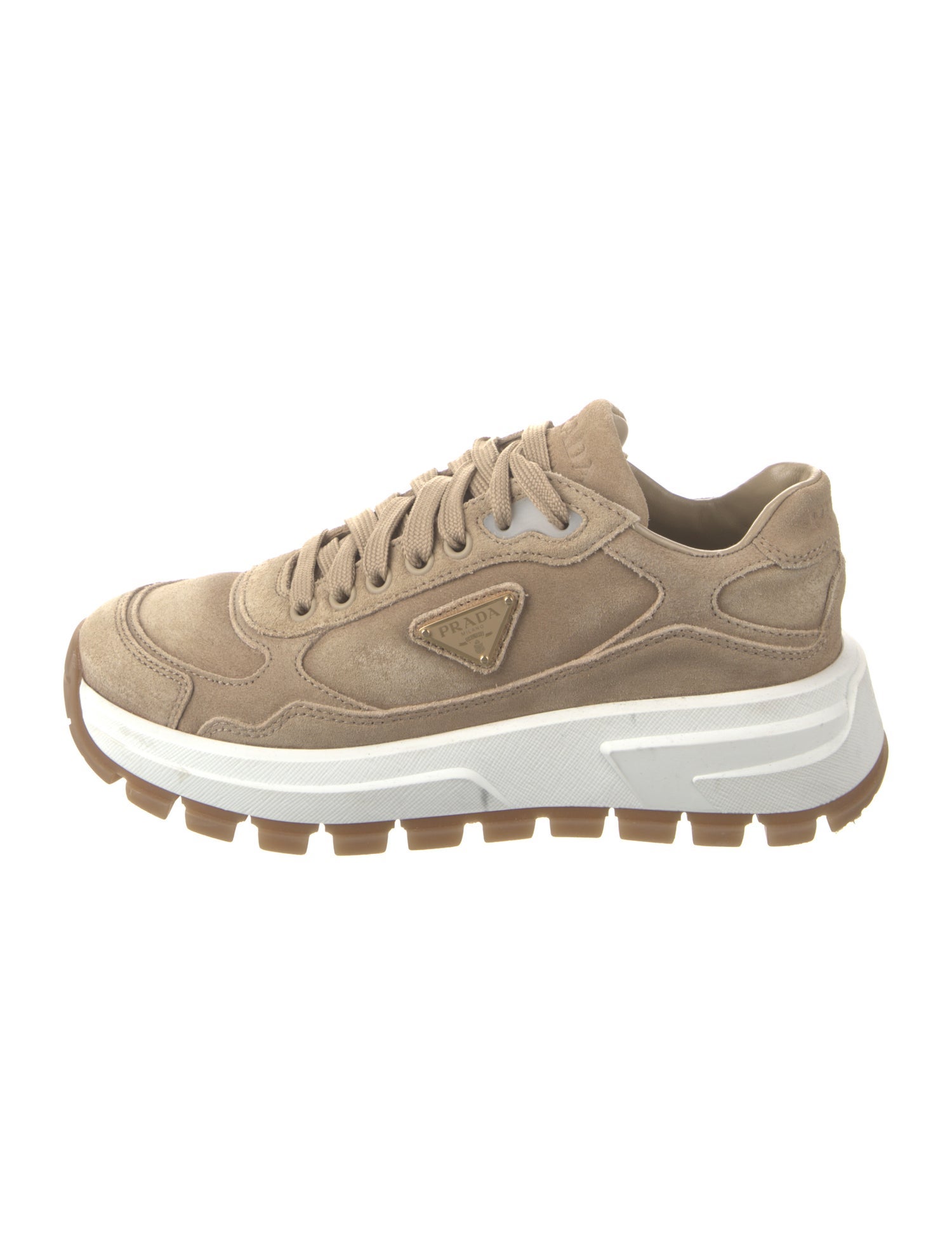 Prada Enameled Metal Triangle Suede Sneakers