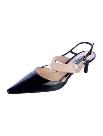 Prada Enameled Metal Triangle Leather Slingback Pumps